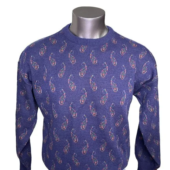 Vintage 80s Italy Made Sweater Paisley Print Acrylic Wool Mens Size L u - Picture 1 of 7